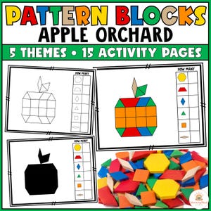 May include: Educational activity set titled PATTERN BLOCKS APPLE ORCHARD with 5 themes and 15 activity pages. Includes worksheets showing apple outlines, silhouettes, and coloured block designs with counting charts, plus a pile of colourful wooden shapes.