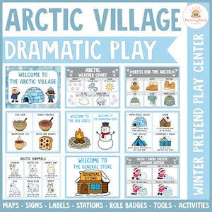 Op de afbeelding: Een kleurrijke educatieve poster voor dramatisch spel, met als thema een Arctic Village. Het bevat illustraties van een iglo, een sneeuwman, dieren en verschillende activiteitencentra. Tekst bevat "Arctic Village" en "Dramatic Play".