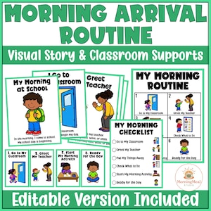 May include: A set of educational visual aids titled Morning Arrival Routine, featuring illustrated cards and a checklist for pupils. The materials include cartoon depictions of classroom activities like entering the room, greeting teachers, and starting tasks.