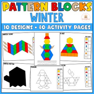 May include: A digital educational resource titled Pattern Blocks Winter featuring 10 designs and 40 activity pages. The layout displays geometric shape puzzles including a snowman, winter scarf, hat, penguin, and cocoa with counting charts.