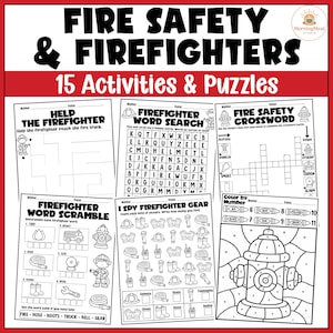 Puede incluir: Una colección de hojas de actividades imprimibles en blanco y negro tituladas Fire Safety & Firefighters, que incluye 15 actividades como un laberinto, sopa de letras, crucigrama, juego de palabras, I Spy y una página de colorear por números.