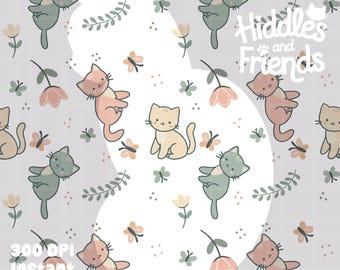 Kittens and Flowers Seamless Pattern Cute Floral Cat Digital File 300 DPI PNG Download for Digital Papers Vinyl Fabric Surface Design