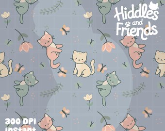 Kittens and Flowers Seamless Pattern Cute Floral Cat Digital File 300 DPI PNG Download for Digital Papers Vinyl Fabric Surface Design