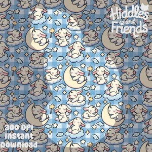May include: A seamless pattern featuring adorable white bunnies sleeping on clouds with stars and a crescent moon. The background is a blue and white gingham pattern. The text "Hiddles and Friends" is in the top right corner.