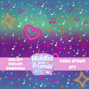 May include: A digital design featuring a gradient background of blue, green, and purple, adorned with musical notes, stars, and neon shapes. The design includes the text "Hiddles and Friends" and "Hand drawn art".