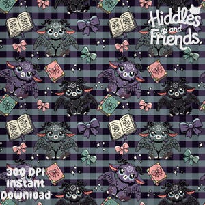 May include: A repeating pattern featuring cartoonish winged goat-like creatures, books, and bows on a plaid background. The creatures are in shades of gray and purple. The books have a pentagram on the cover. Text includes "Hiddles and Friends" and "300 DPI Instant Download."
