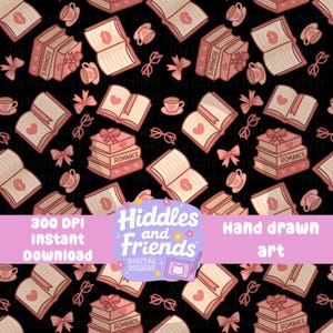 Transparent Background Romance Book Seamless Pattern – Bookish PNG with Hearts, Bows & Tea – Cute Pink Repeat Design – Instant Download
