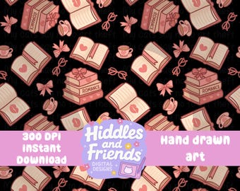 Modèle sans couture de livre d'amour de fond transparent - PNG livresques avec coeurs, noeuds et thé - motif de répétition rose mignon - téléchargement immédiat