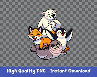 Cute Arctic Animal Digital Sticker PNG – Kawaii Polar Bear, Seal, Fox, and Penguin Clipart for Planners, Sublimation, and DIY Stickers