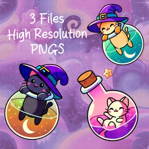 May include: Three digital illustrations of potion bottles with cute cats wearing witch hats inside. The bottles are filled with colorful liquids and have a whimsical, magical aesthetic.