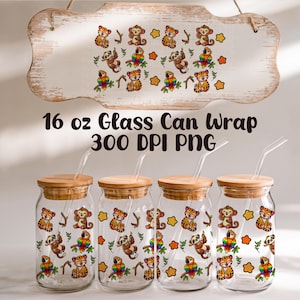 Jungle Friends Glass Wrap – Cute Tiger, Sloth, Monkey & Parrot Digital File for 16-20oz Libbey Glass, Sublimation, Decals