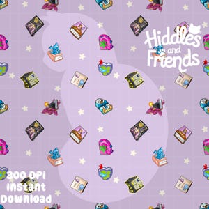 May include: A seamless pattern featuring a variety of whimsical illustrations on a light purple background. The pattern includes a penguin, a book, a heart, a star, a backpack, and a book with the text "Hiddles and Friends".