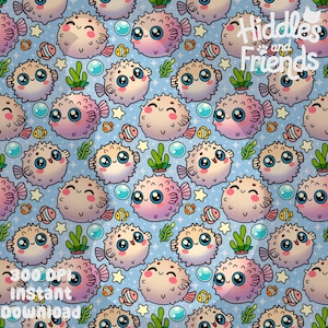 May include: A seamless pattern featuring cute cartoon pufferfish with big eyes and smiling faces. The background is light blue with white stars, bubbles, and seaweed. The text "Hiddles and Friends" is at the top of the pattern.