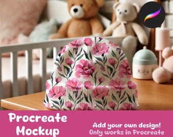 May include: A white beanie with a pink floral pattern. The beanie is on a wooden table with a pink background. The text "Procreate Mockup" and "Add your own design! Only works in Procreate" is visible on the image.
