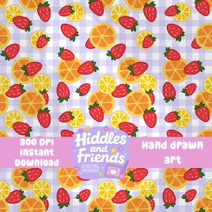 Erdbeeren und Zitrusfrüchte Muster - Gingham Hintergrund 300 DPI PNG Sofort Download