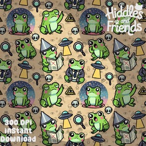 May include: A seamless pattern featuring cartoon frogs wearing hats, holding newspapers, and wearing suits. The background is a light brown with a repeating pattern of stars, aliens, magnifying glasses, and other symbols. The text "Hiddles and Friends" is in the top right corner of the image.