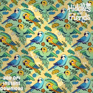 Puede incluir: Un patrón sin costuras con loros de dibujos animados en varios colores, incluidos azul, verde y amarillo, sobre un fondo amarillo claro. Los loros están rodeados de hojas verdes y flores. El texto "Hiddles and Friends" está en la parte superior del patrón.