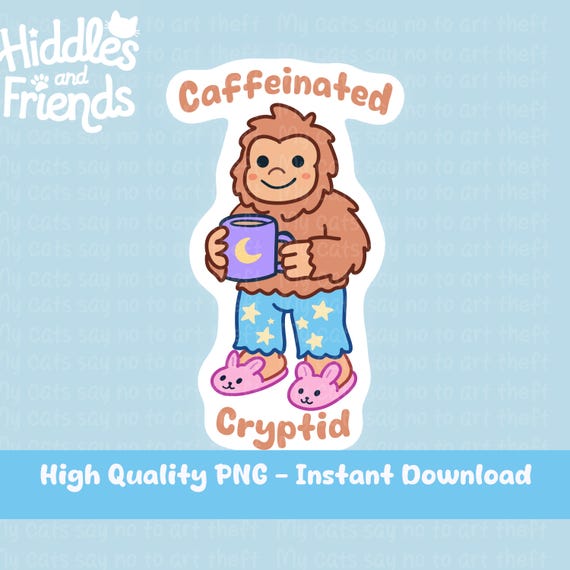 Digital Bigfoot Sticker – Caffeinated Cryptid Holding a Mug, Funny Cozy Digital Sticker for Planners and Journals Clipart 300 DPI PNG