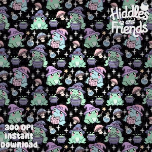 May include: A seamless pattern featuring cute green frogs wearing purple and pink witch hats. The frogs are holding books, cauldrons, and wands. The background is black with white stars and other magical elements.