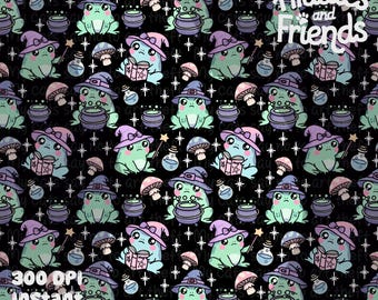 Transparante achtergrond schattig heksenkikker naadloos patroon - magische kikkers, drankjes, ketels en paddenstoelen 300 DPI, png-download voor digitaal