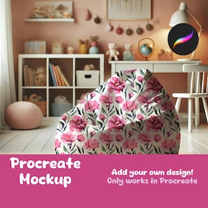 May include: A pink and white beanbag chair with a floral pattern. The beanbag chair is in a room with a bookshelf and a desk. The text "Procreate Mockup" and "Add your own design! Only works in Procreate" is on the bottom of the image.
