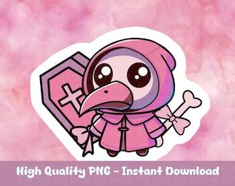 May include: A pink cartoon character with a beak, wearing a pink hooded robe and holding a bone. The character is standing next to a pink coffin with a white cross.