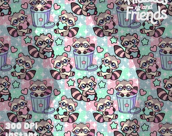 Seamless Pastel Kawaii Raccoon Pattern with Hearts, Cupcakes & Stars 300 DPI PNG Download for Digital Papers Vinyl Fabric Surface Design