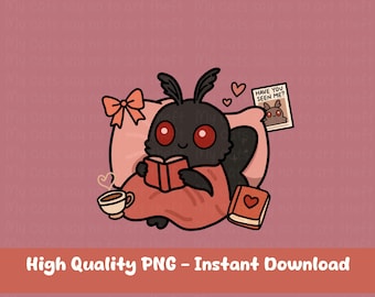 Adesivo digitale Bookish Coquette Mothman – PNG Cryptid accogliente per pianificatori, diari e uso digitale / Clipart / Clipart Kawaii Mothman