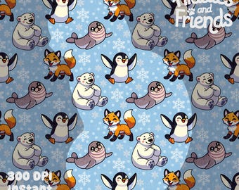Sömlöst mönster med snöflingor och arktiska djur – digitalt papper med kawaii-motiv och isbjörn, räv, pingvin och säl för tyg, scrapbooking 300 DPI PNG