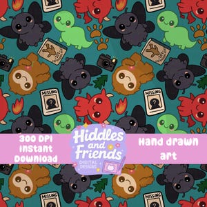 Chibi Cryptid Seamless Pattern – Cute Mothman, Bigfoot, and More | Kawaii Cryptids Digital Download for Sublimation or Fabric | 300 DPI PNG
