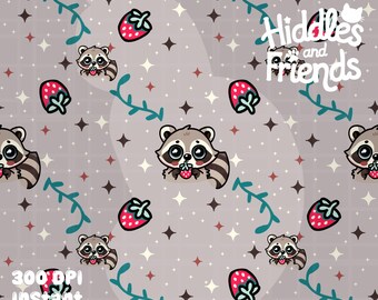 Raccoon with Strawberry Seamless Pattern 300 DPI PNG Download for Digital Papers Vinyl Fabric Surface Design