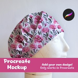 Pode incluir: Uma maquete de gorro cirúrgico com padrão floral rosa e verde para uso no aplicativo Procreate. O texto "Procreate Mockup" e "Add your own design! Only works in Procreate" é exibido abaixo do gorro.
