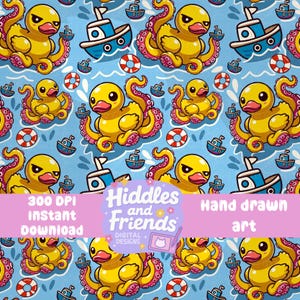 Quackens Seamless File – Gummiente Kraken mit Booten | Niedliches Handgezeichnetes Nautisches Design | 300 DPI PNG