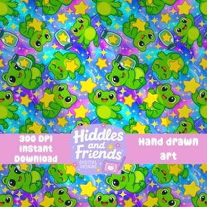 Könnte beinhalten: Ein nahtloses Muster mit grünen Fröschen, die gelbe Sterne halten, vor einem blauen, violetten und rosa Galaxie-Hintergrund. Der Text "Hiddles and Friends Digital Designs" befindet sich am unteren Rand des Bildes.