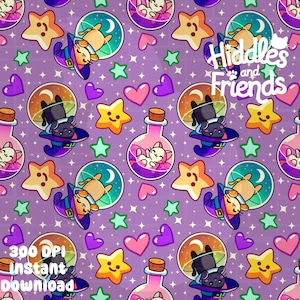 May include: A seamless pattern featuring a purple background with various colorful illustrations. The pattern includes cats, stars, hearts, moons, and bottles. The text "Hiddles and Friends" is featured in the pattern.