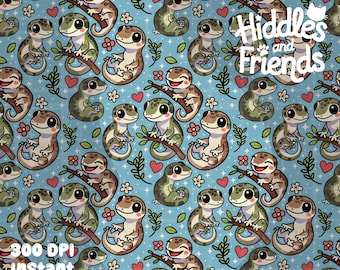 May include: A seamless pattern featuring cartoon geckos on branches with pink hearts, white flowers, and green leaves on a light blue background. The text "Hiddles and Friends" is in the upper right corner of the pattern.