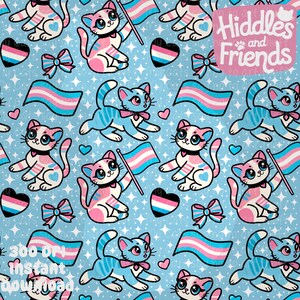 Trans Pride Cats - Joli motif LGBTQ+ sans couture l 300 DPI PNG à télécharger pour papiers numériques Design de surface en tissu vinyle | Fichier chat transparent