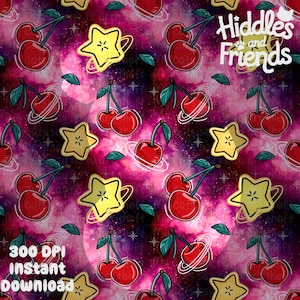 Galaxy Kirschen & Sternfrucht Muster | Kosmische Frucht Digitales Papier | 300 DPI PNG Download für das Design von Vinyl Fabric Surface