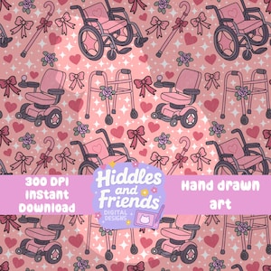 Może przedstawiać: Wzór bez szwów w kolorze różowym i białym z różnymi pomocami do poruszania się, w tym wózkami inwalidzkimi, balkonikami i skuterami. Wzór jest na różowym tle z sercami, kokardkami i kwiatami. Tekst "Hiddles and Friends Digital Designs" jest zawarty we wzorze.
