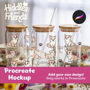 May include: Three clear glass tumblers with bamboo lids and glass straws. Each tumbler is decorated with cartoon corgi dogs, paw prints, and bones. The text "Hiddles and Friends" and "Procreate Mockup" are also visible.