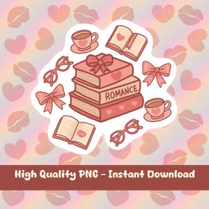 Romance Book Stack PNG – Cute Digital Sticker with Bows, Hearts & Tea – Bookish Valentine Art – Instant Download Clipart - Bookish Clipart