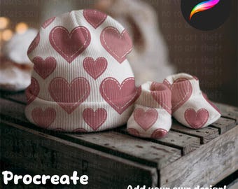 May include: A white beanie with a pink heart pattern and two smaller beanies with a pink heart pattern. The beanies are on a wooden surface. The text "Procreate Mockup" and "Add your own design! Only works in Procreate" is visible on the image.