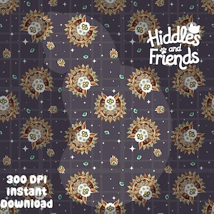 May include: A repeating pattern featuring owl-like creatures with multiple eyes, surrounded by ornate gold and teal circular frames, set against a dark gray background with a grid and stars. The text "Hiddles and Friends" is visible.