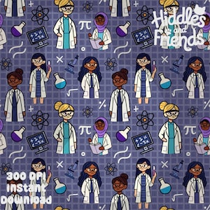 Frauen in STEM Digital Pattern - Science Lab Seamless Datei - Wissenschaftlerinnen - Nationaler Frauentag - Sofortiger Download 300 DPI PNG Download