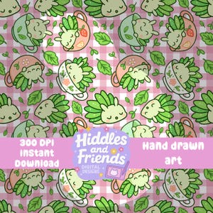 Könnte beinhalten: Ein nahtloses Muster mit niedlichen Comic-Igeln in Teetassen mit grünen Blättern auf einem rosa-weiß karierten Hintergrund. Der Text "Hiddles and Friends Digital Designs" befindet sich am unteren Rand des Bildes.