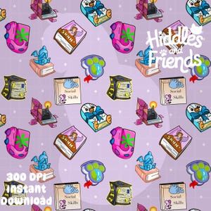 May include: A seamless pattern featuring a purple background with various cartoon illustrations. The illustrations include a penguin, a book with the text "SHHH!" on the cover, a book with the text "Social Skills" on the cover, a book with the text "233" on the cover, a book with a paw print on the cover, and a book with the text "Hiddles and Friends" on the cover.