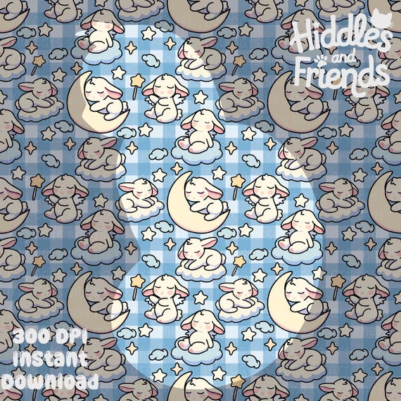 Sleepy Bunny Dreams Seamless Pattern | Pastel Gingham | Baby Nursery Clouds, Moons, Stars | 300 DPI Digital Download | Nursery Seamless File