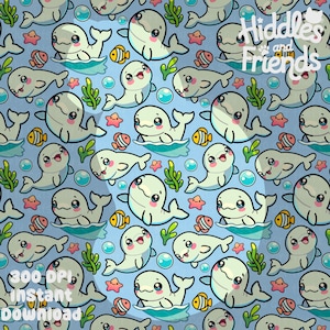May include: A seamless pattern featuring cute cartoon white beluga whales swimming in blue water. The pattern also includes small yellow fish, pink starfish, green seaweed, and blue bubbles. The text "Hiddles and Friends" is in the top right corner of the pattern.