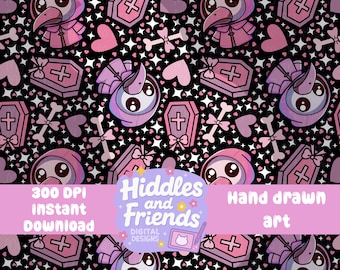 May include: A seamless pattern featuring a pink and white cartoon character with a beak and a hooded robe, hearts, bones, and coffins on a black background. The text "Hiddles and Friends" is in pink and white.