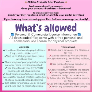 May include: A graphic with a green checkmark and a red X, outlining the terms of use for digital files. The graphic states that you can use the files to make physical items, sell up to 500 items, share images on social media, use the files for DTF/UV DTF business, and send files to manufacturers. The graphic also states that you cannot resell, share, or transfer the files, upload the files to print on demand platforms, use the files for logos, branding, or trademarks, copy, replicate, or recreate the designs, use in digital templates, edit or alter the files to resell or share, sell printed artwork, or retain any ownership of the designs.